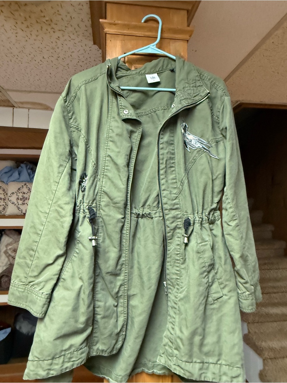 CAbi Olive Green Utility Anorak with Bird Embroidery